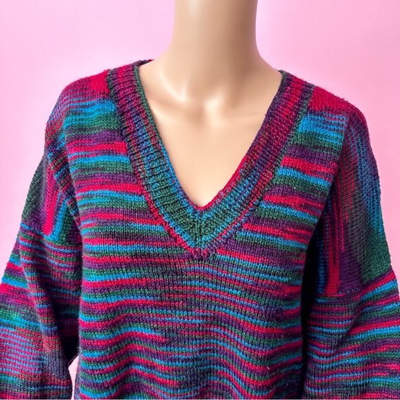 Vintage 90’s Multicolour Handmade V Neck Grunge Baggy Sweater Size XL - Picture 2 of 8
